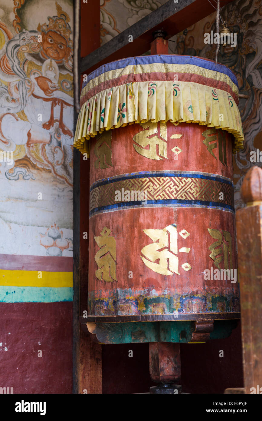 Prayer wheel at the temple at Ura, Bumthang, Bhutan Stock Photo