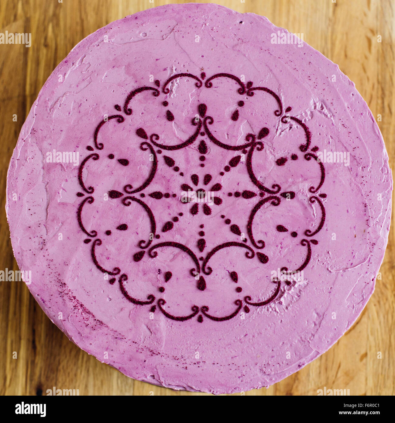 beautiful lilac homemade cake with ethnic pattern from above Stock Photo