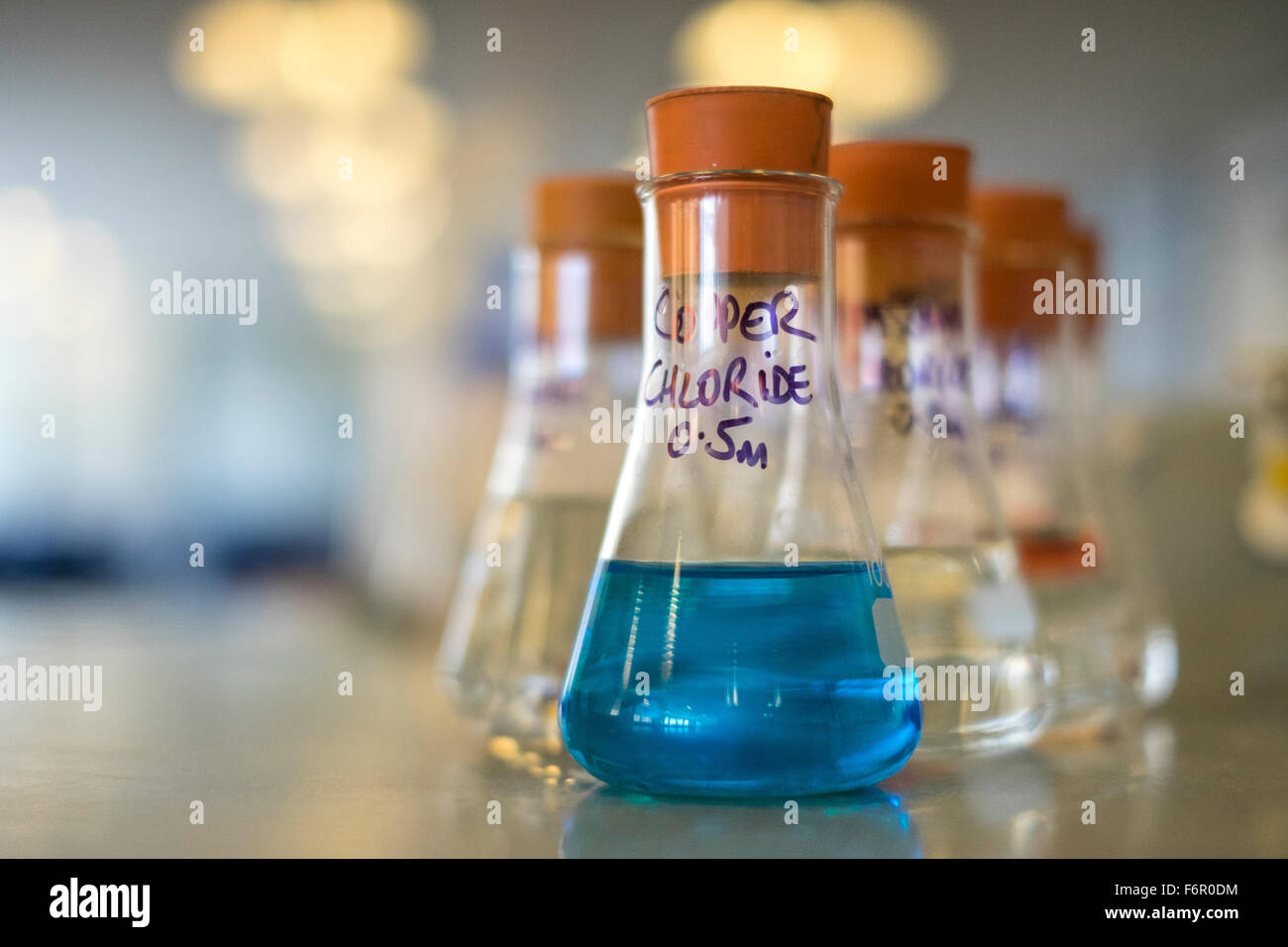 Chemistry lab glass beakers chemicals science Stock Photo