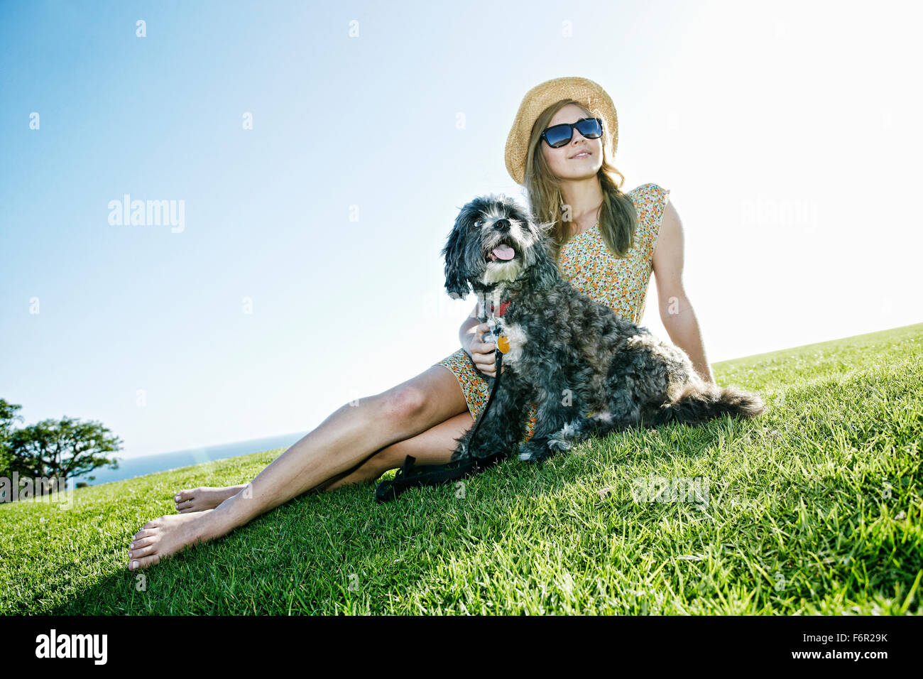 Caucasian woman sitting in field with dog Stock Photo