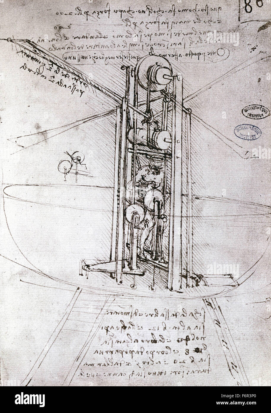 Leonardo da Vinci - Drawing of a flying machine (propulsion) Stock Photo