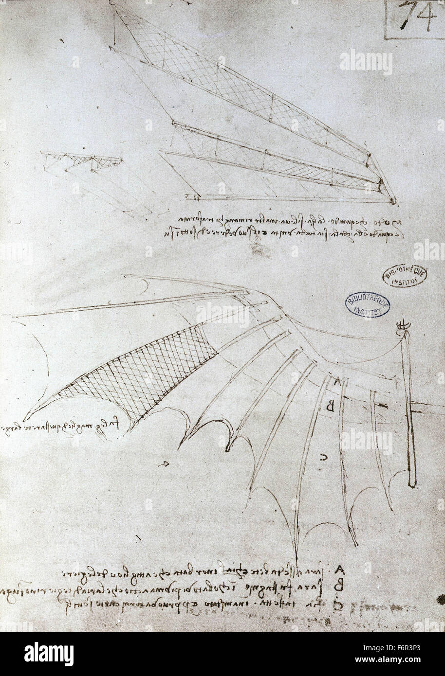 Leonardo da Vinci - Drawing of a Flying Machine (Wing) Stock Photo