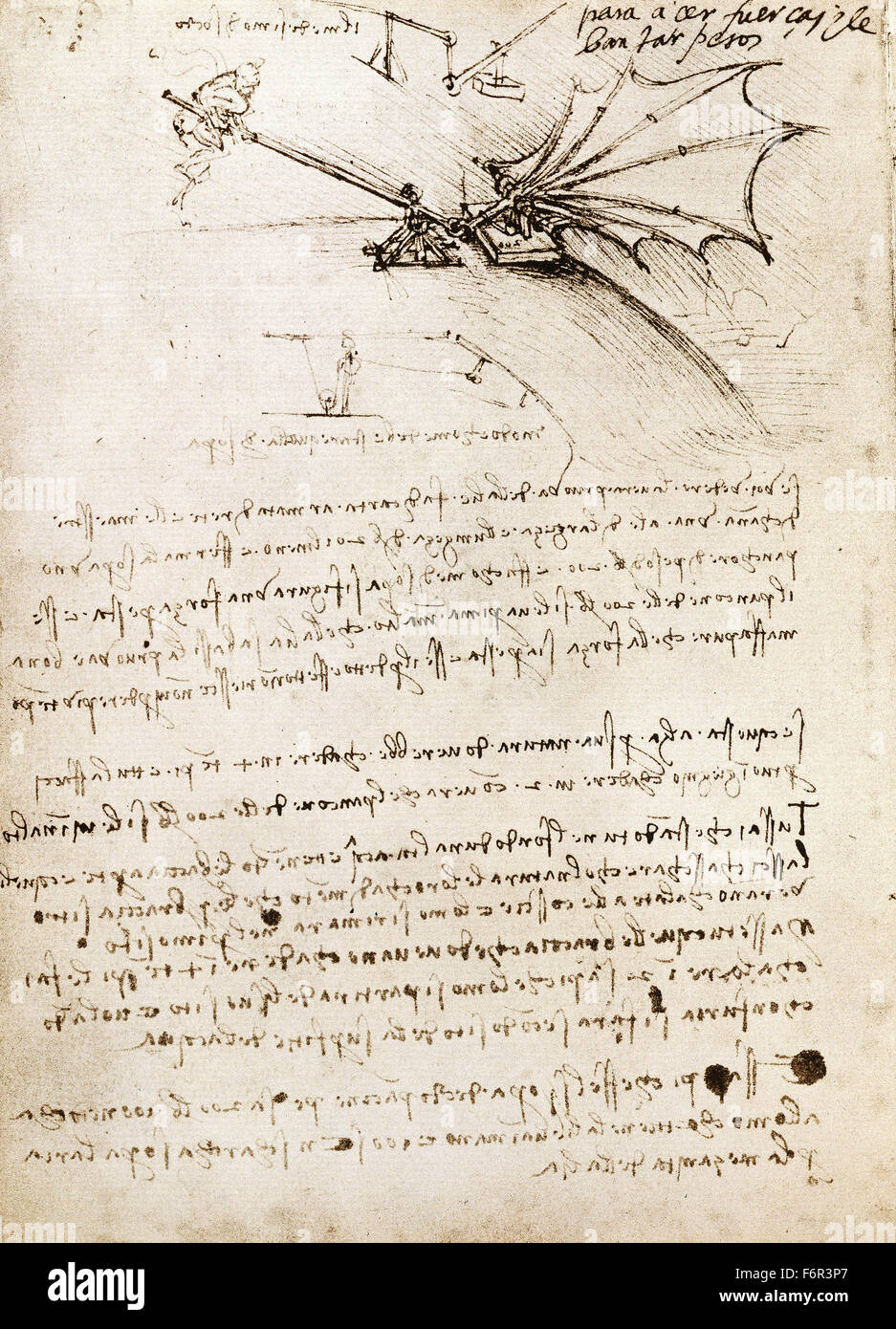 Leonardo da Vinci - Drawing of a flying machine (driving of the wing) Stock Photo