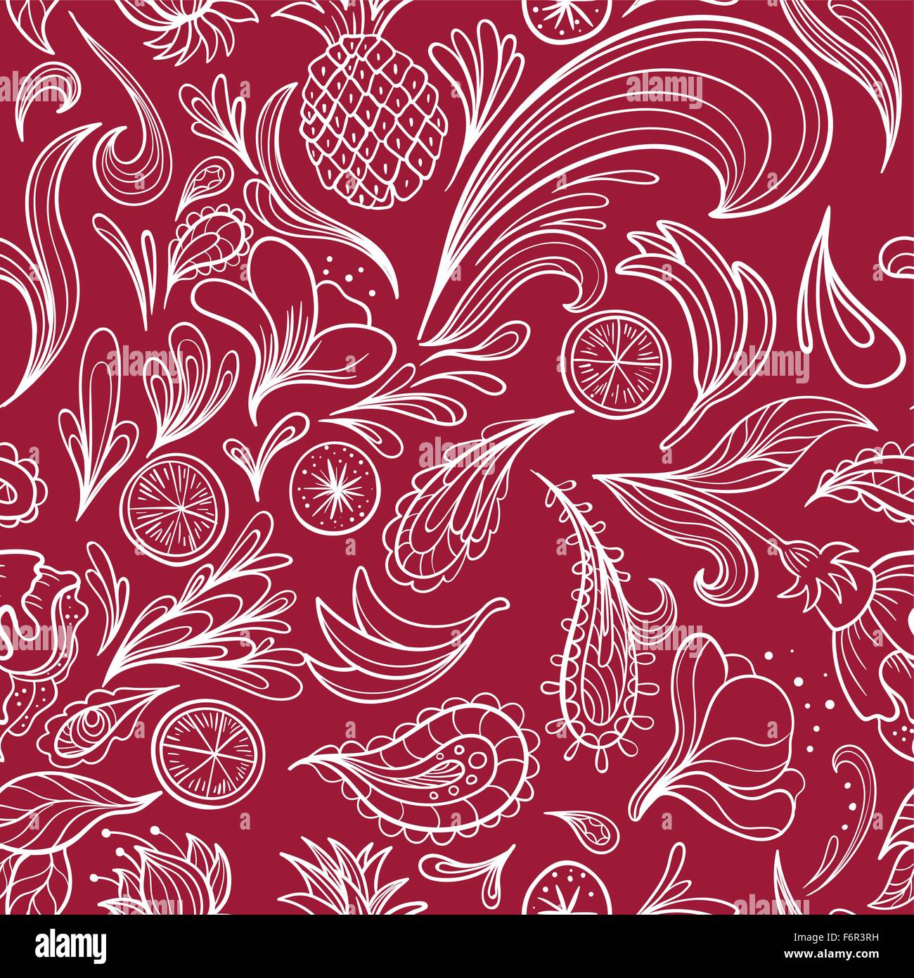 Seamless travel texture with swirls, paisley ornaments and fruits for holiday deign Stock Vector