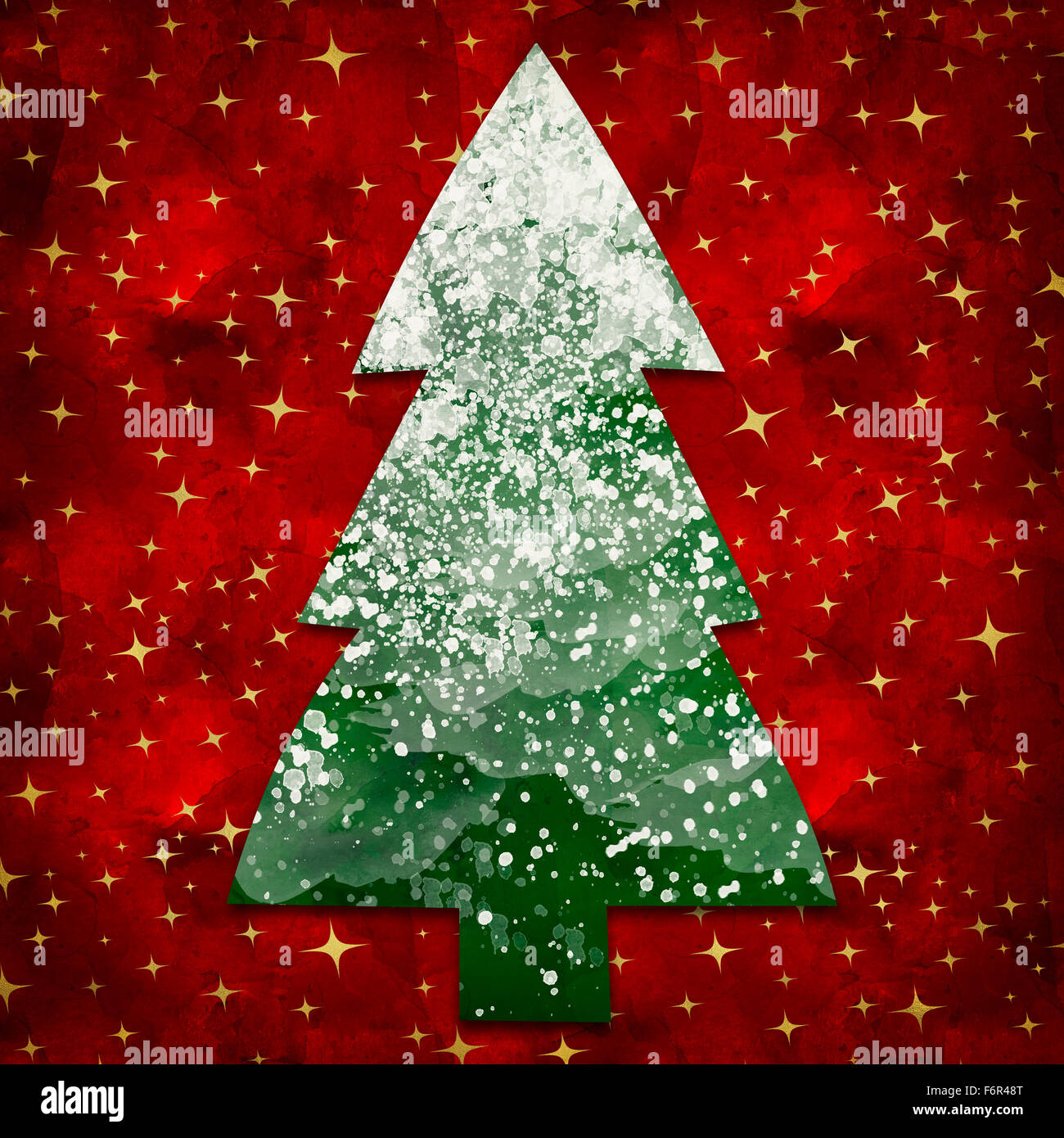 Christmas card illustration with red background a snowy tree Stock ...