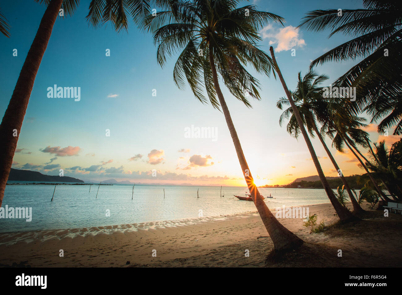 Sunset over the tropical beach Stock Photo - Alamy