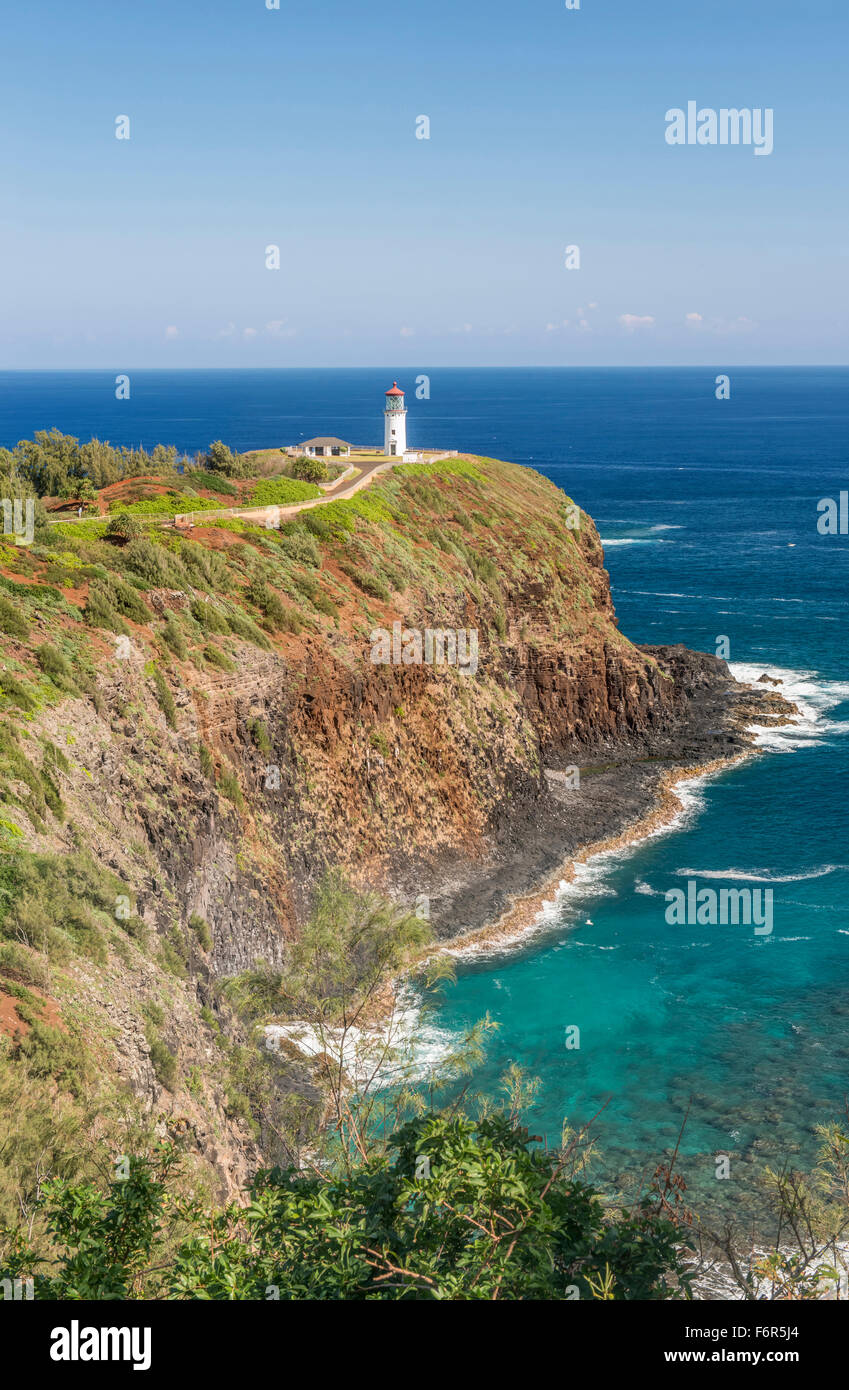 Kilauea Lighthouse on coastline, Hawaii, United States Stock Photo