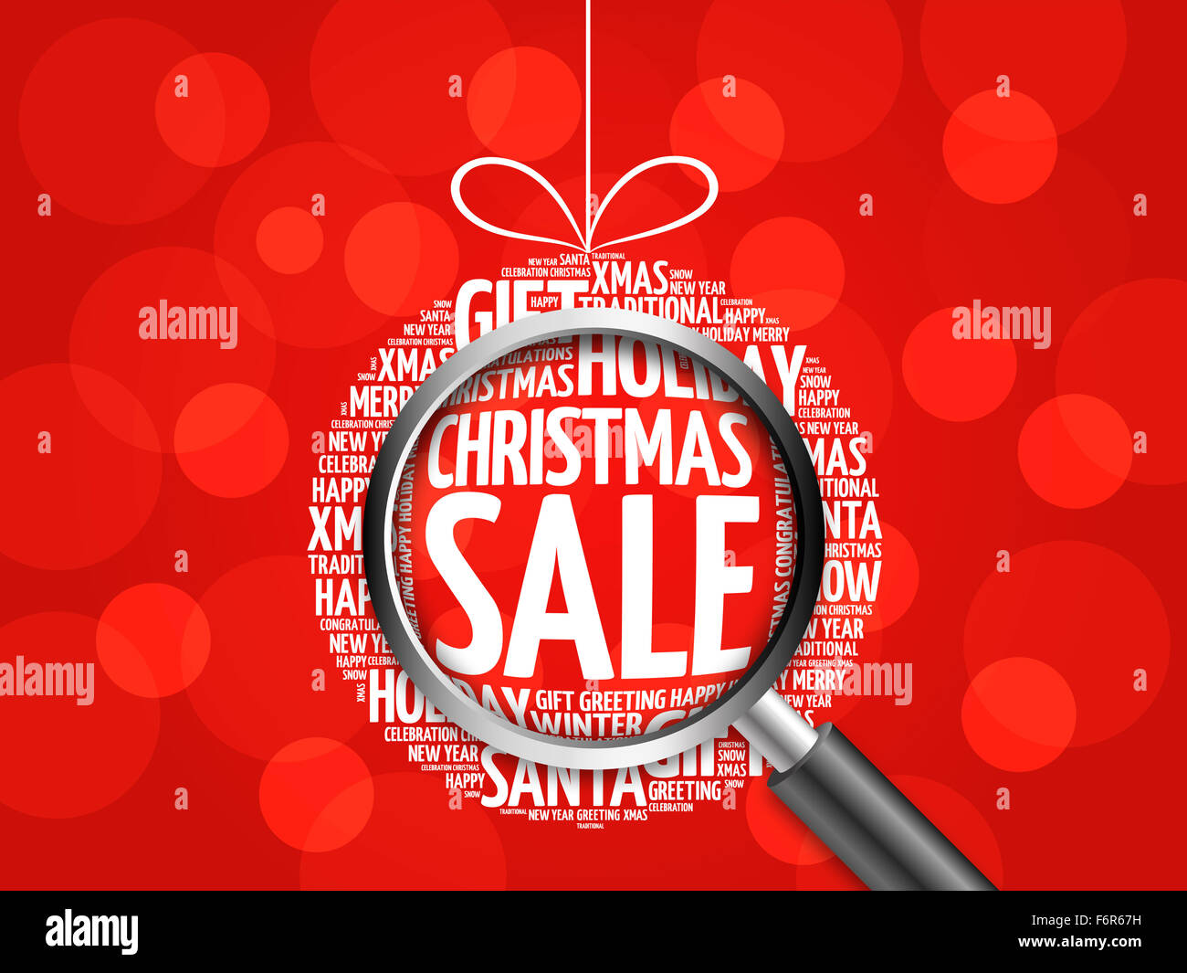 Christmas SALE, christmas ball word cloud, holidays lettering collage with magnifying glass Stock Photo