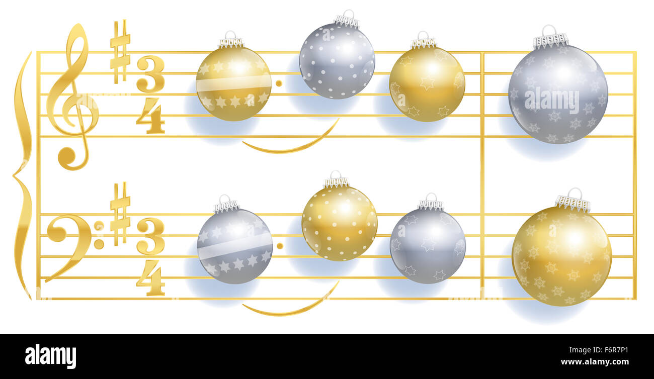 Silent Night christmas song stave with christmas tree balls instead of notes. Illustration on white background. Stock Photo