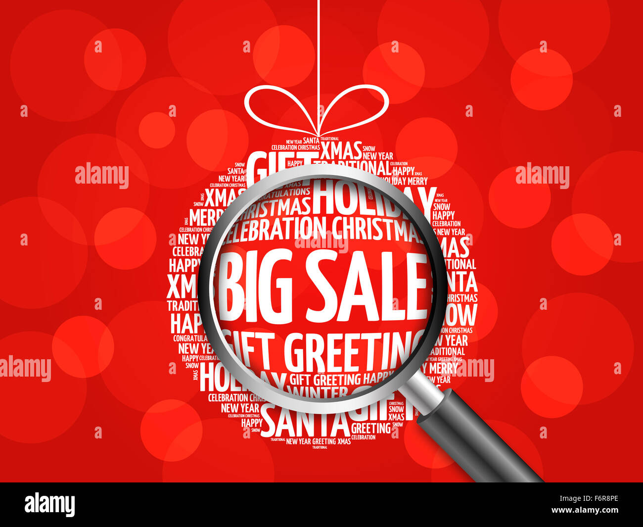 BIG SALE christmas ball word cloud, holidays lettering collage with magnifying glass Stock Photo