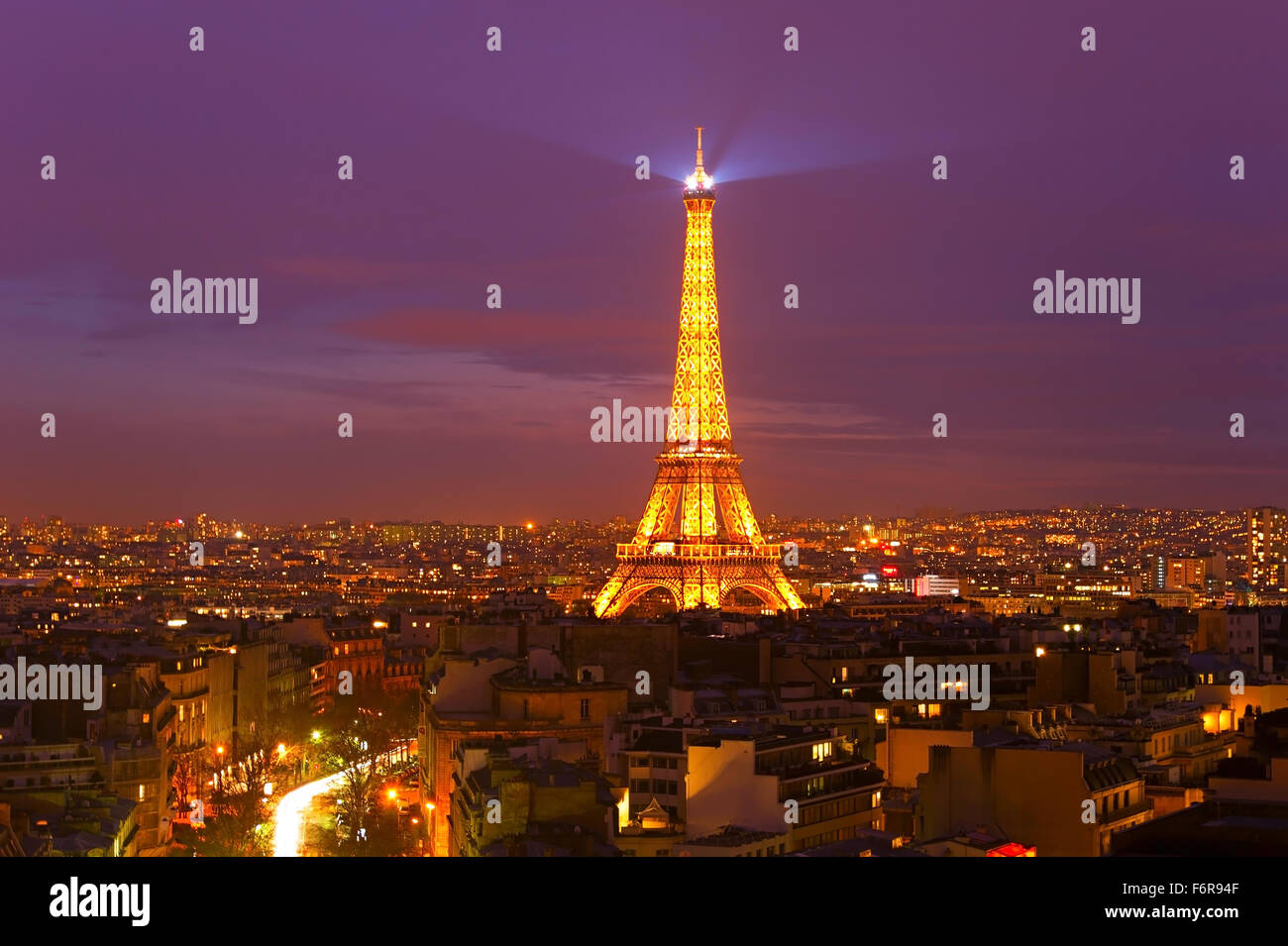 Eiffel Tower Light Performance Show at night. Stock Photo