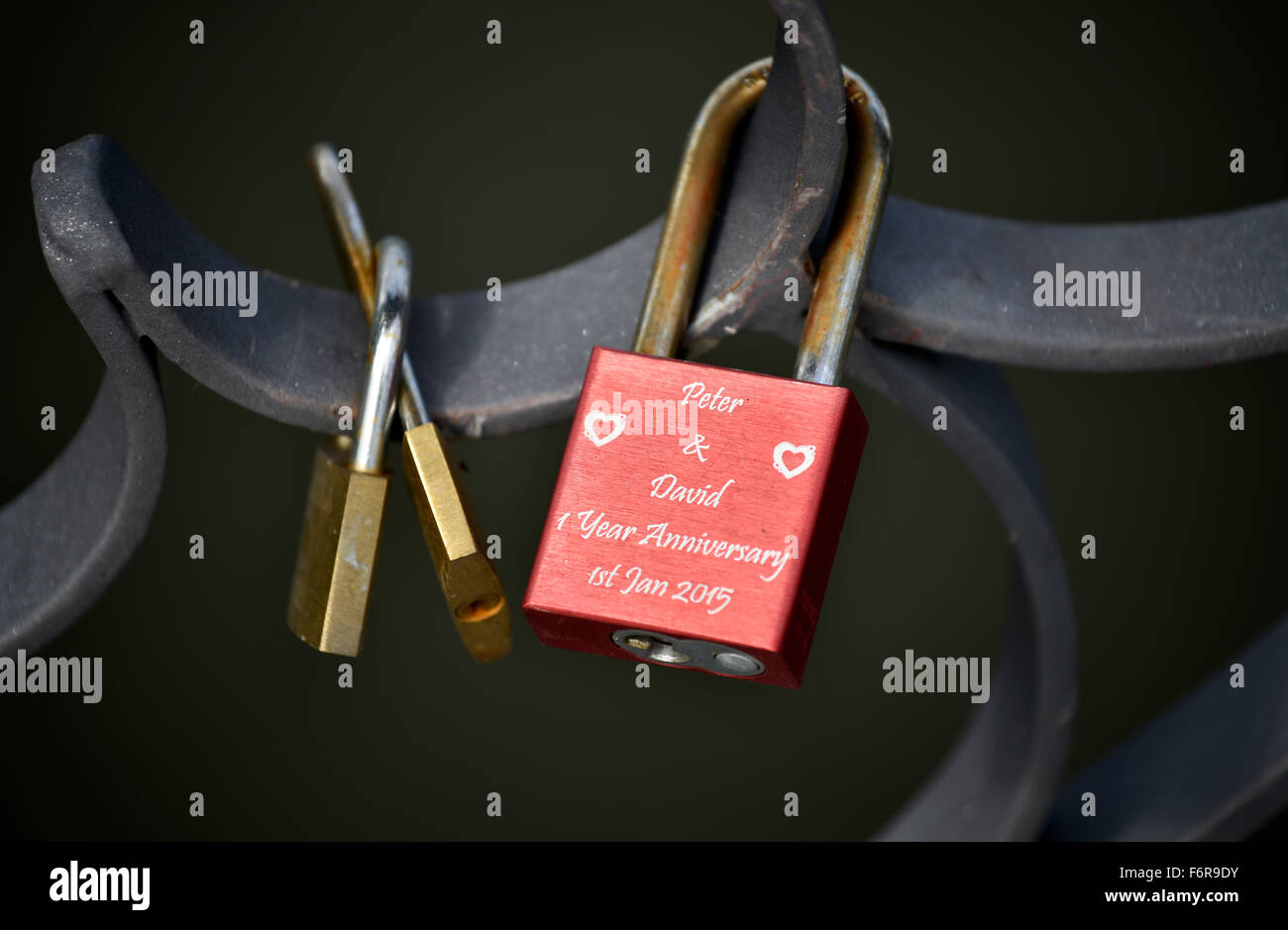 Homosexual love, love lock, Eiserner Steg or Iron Bridge, Frankfurt am Main, Hesse, Germany Stock Photo
