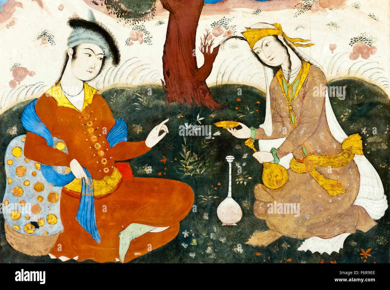 Fresco, two lovers, Persian miniature, Chehel Sotoun, Forty Pillars Palace, Isfahan, Iran Stock Photo