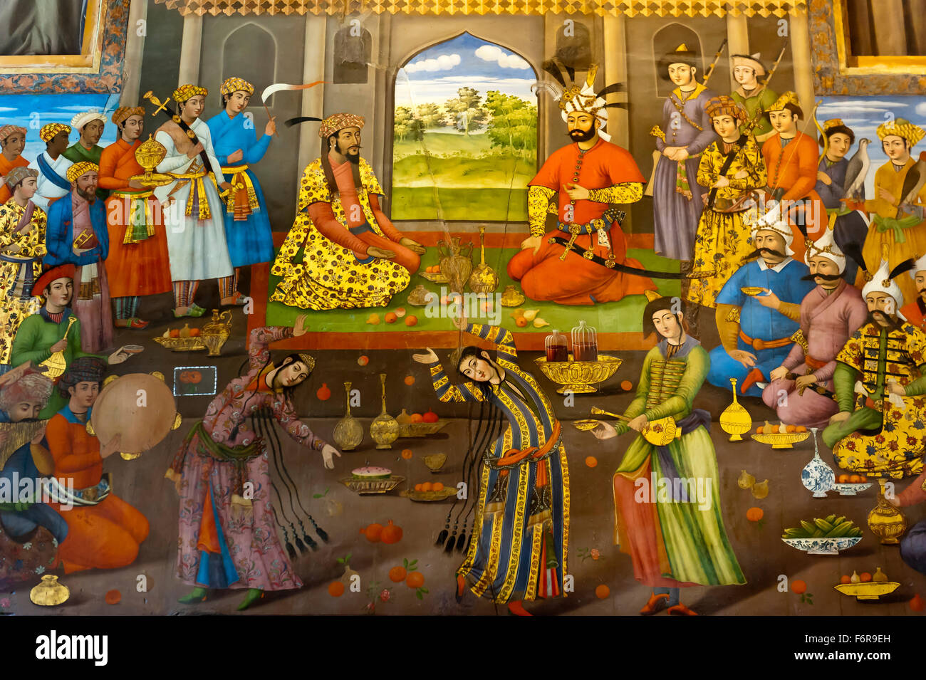 Fresco, banquet with dancing girls, Shah Tahmasp receives the Indian Mughal Emperor Homayun, 1544, Chehel Sotoun Stock Photo