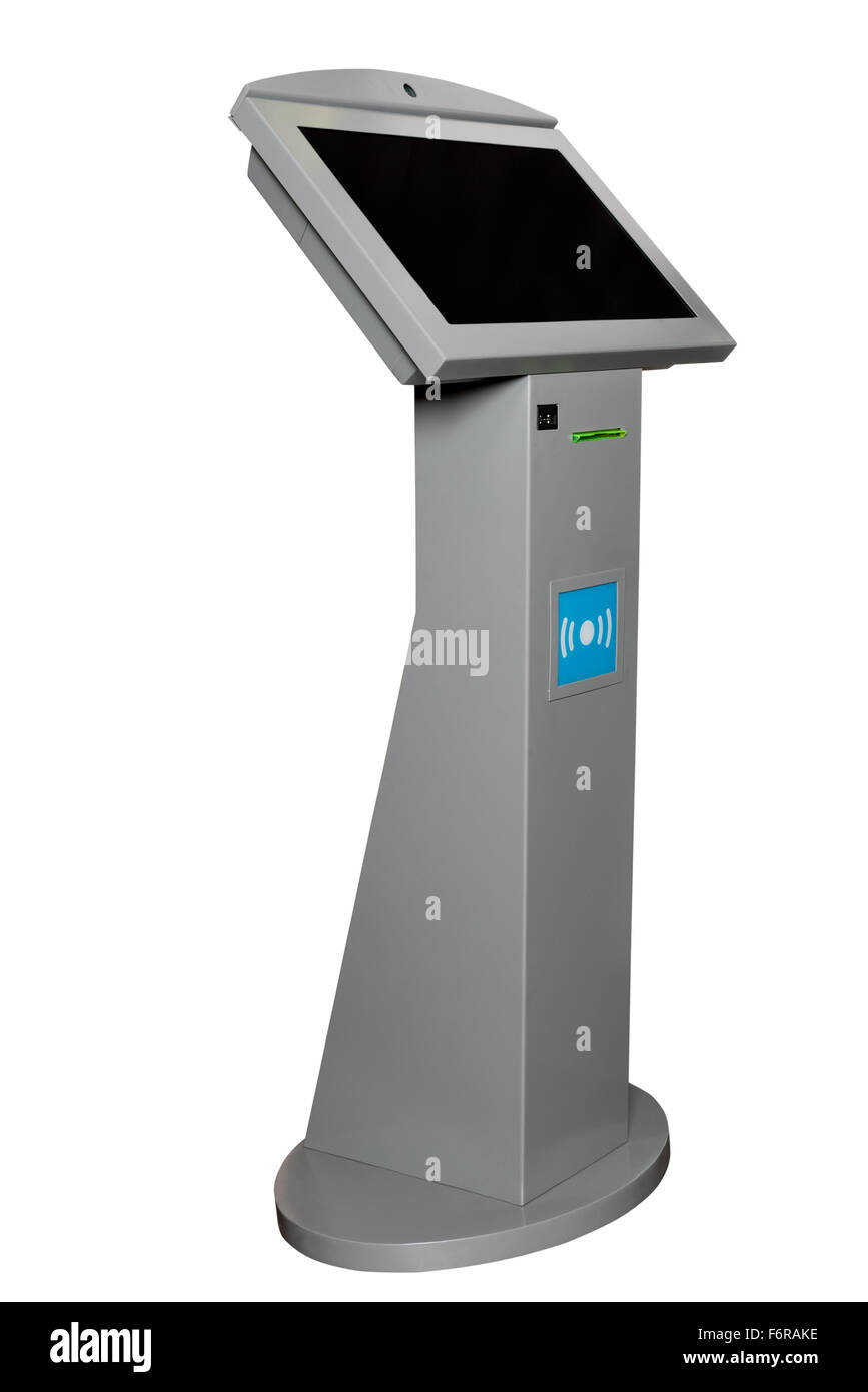 Digital touchscreen terminal, atm machine isolated on white Stock Photo