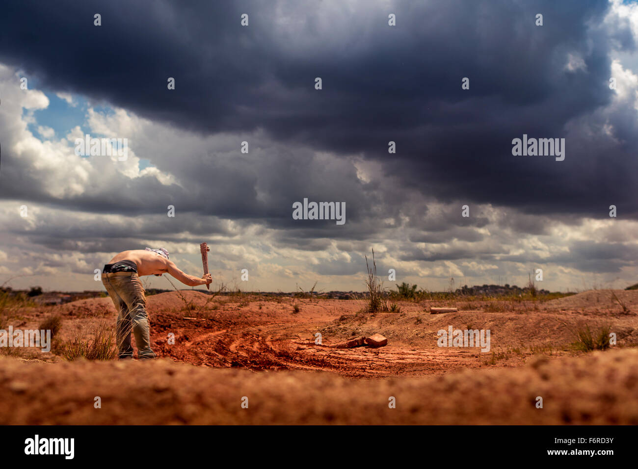 worker on dry area. Stock Photo