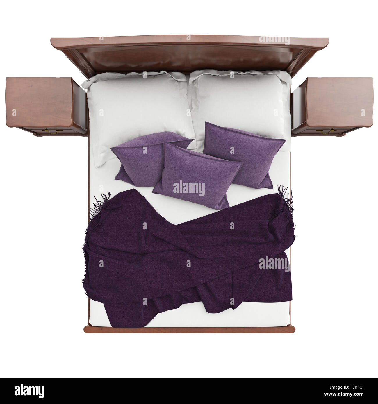 Bed with pillows and blanket cover, top view Stock Photo - Alamy