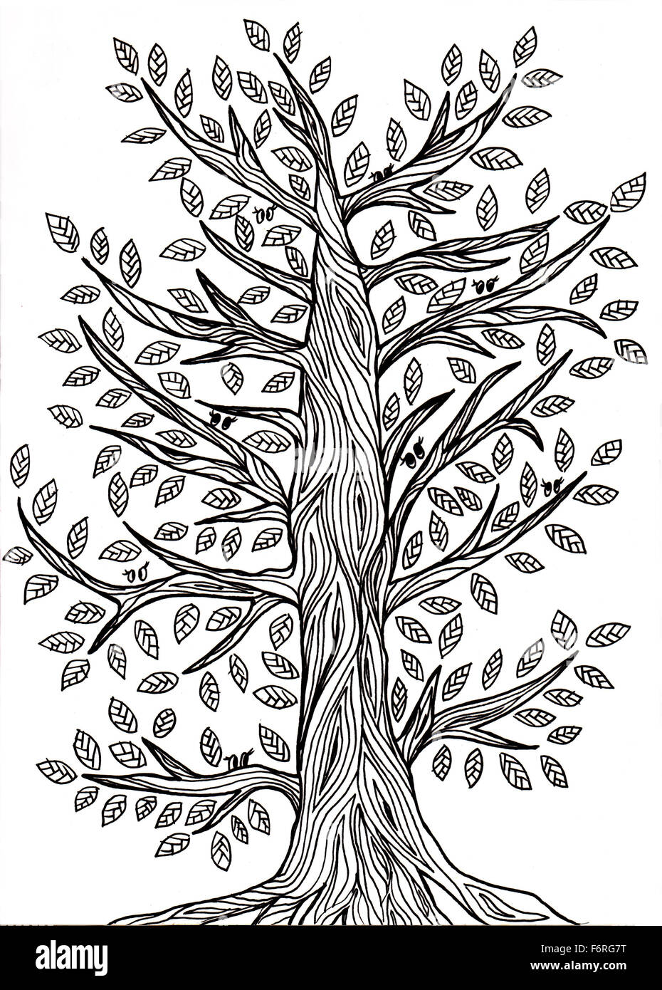 Handmade graphic drawing of a tree with leaves Stock Photo