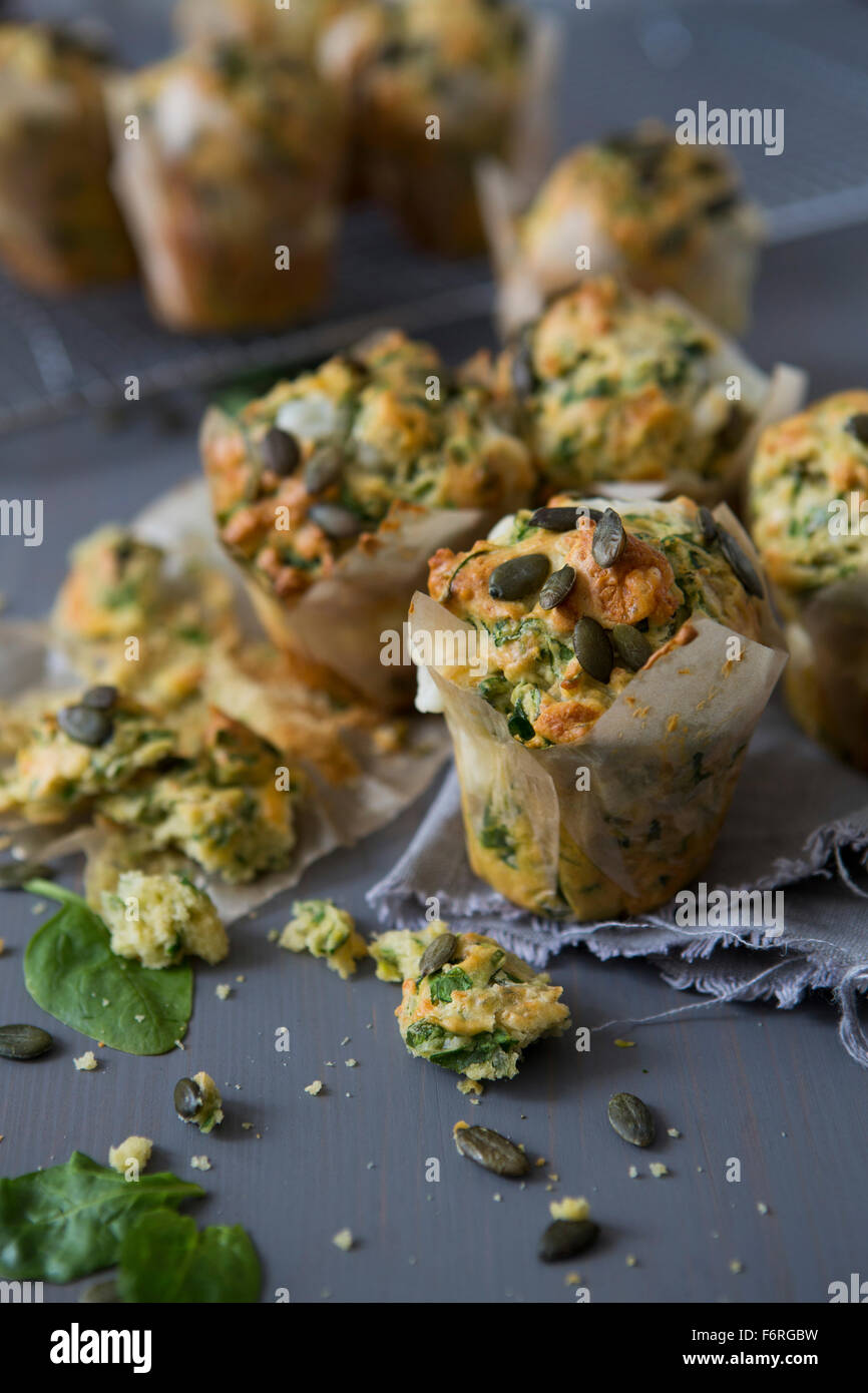 Spinach & Goats Cheese Muffins with Pumpkin Seeds Stock Photo