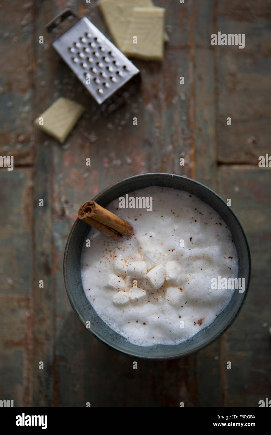 White Hot Chocolate with Marshmallow & Chocolate Grater Stock Photo