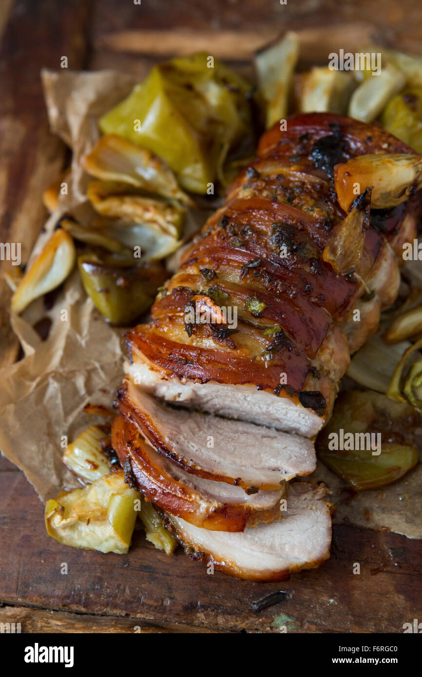 Roasted Pork Sliced with Apple & Fennel Stock Photo