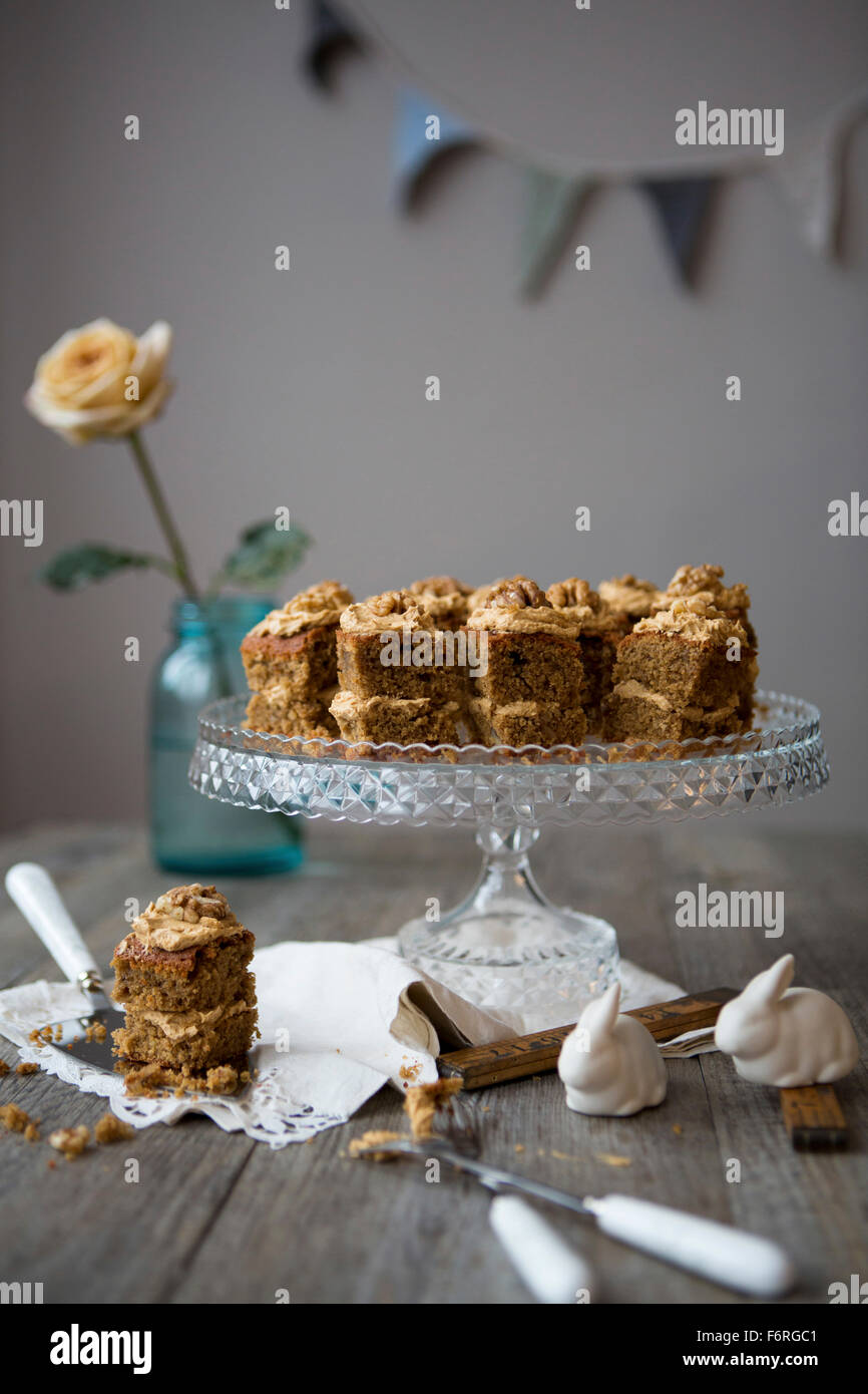 Walnut & Coffee Mini Cakes on Cake Stand Stock Photo