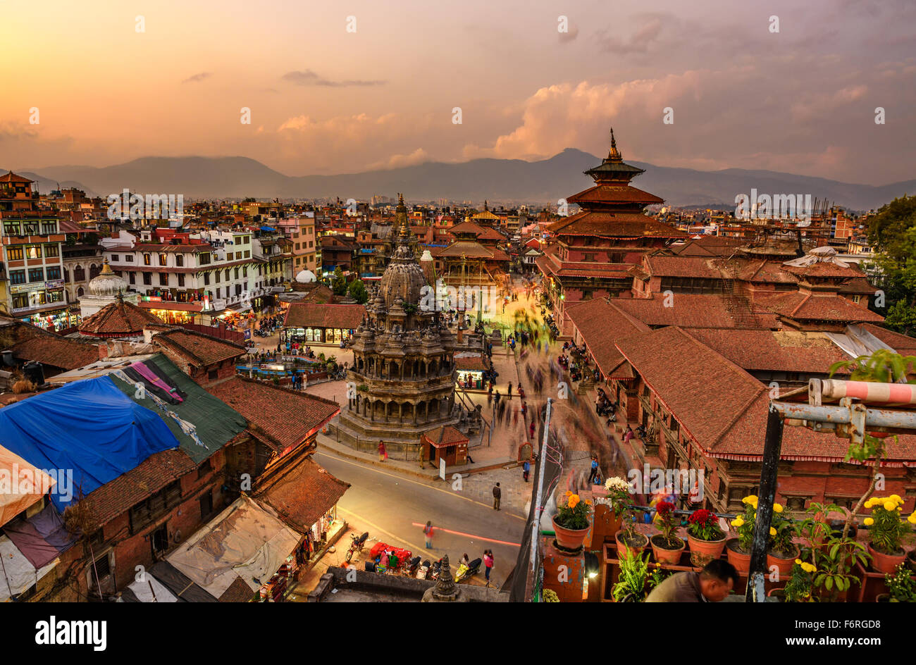 Sunset over  Patan Durbar Square in Nepal Stock Photo