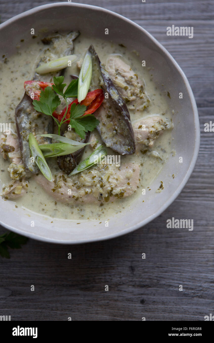 Bowl of Thai Green Curry with Aubergine & Coriander Stock Photo
