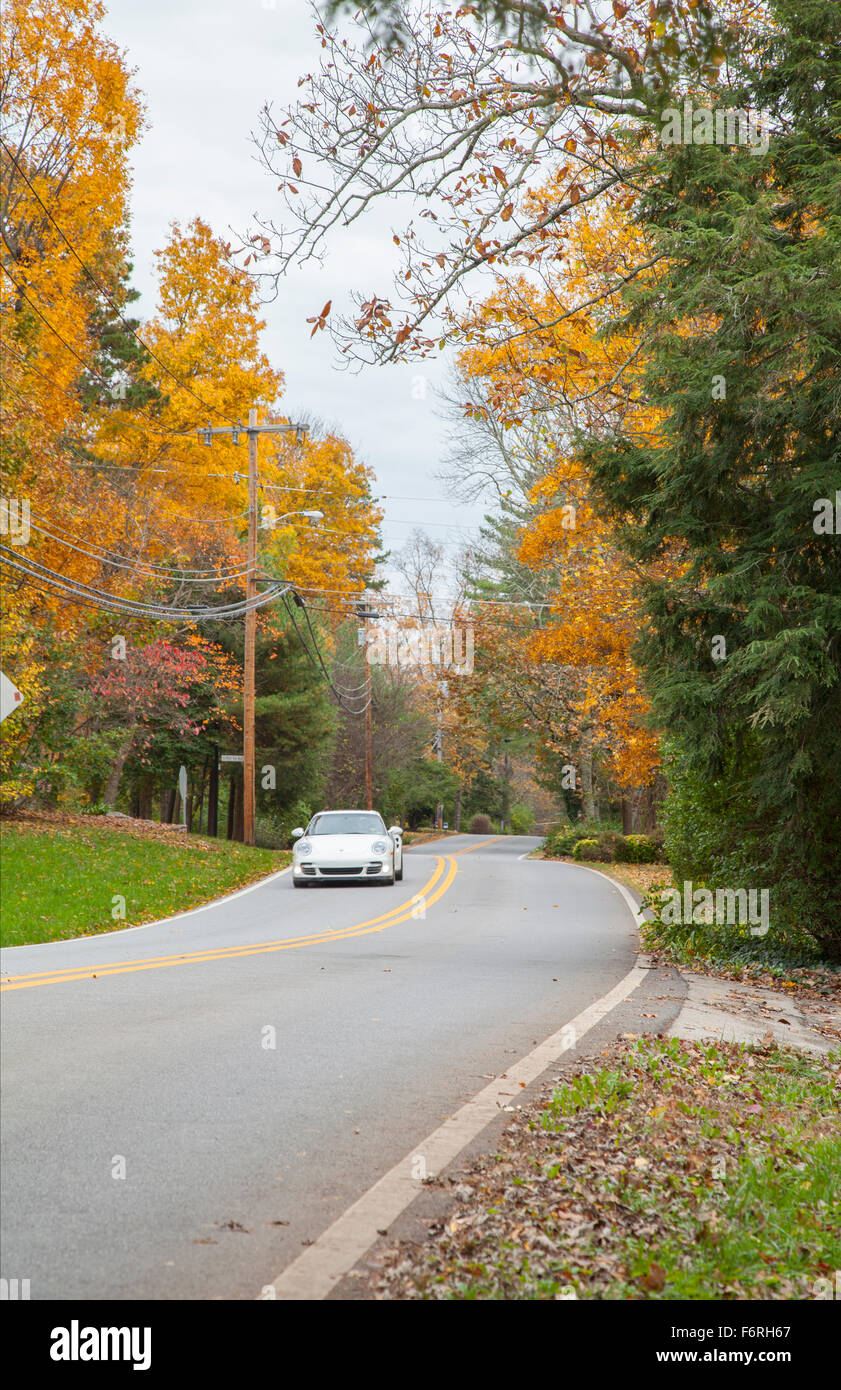 Car driving down road with Fall colors in Lookout Mountain