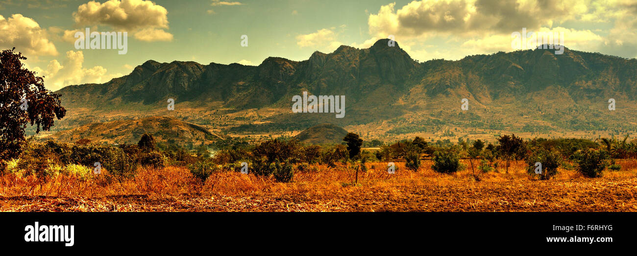 Panoramic view of the Nkhoma mountain range, Dedza, Malawi, Africa with a foreground of farmland Stock Photo