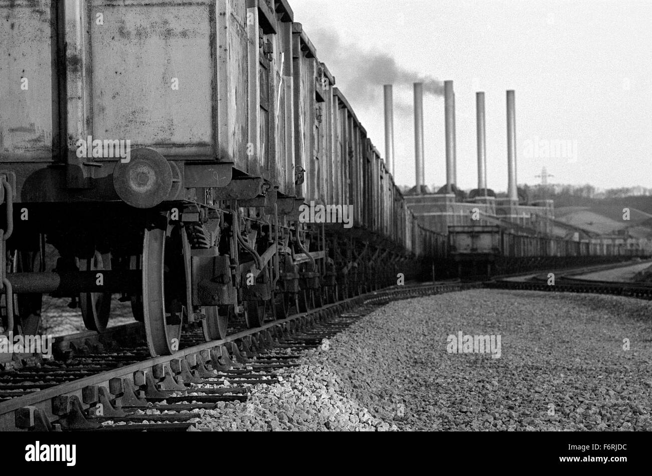 Coal trucks lined up at Buildwas 'A' Power Station in 1967, Ironbridge, Shropshire, England. This is the original Ironbridge Power Station. Stock Photo