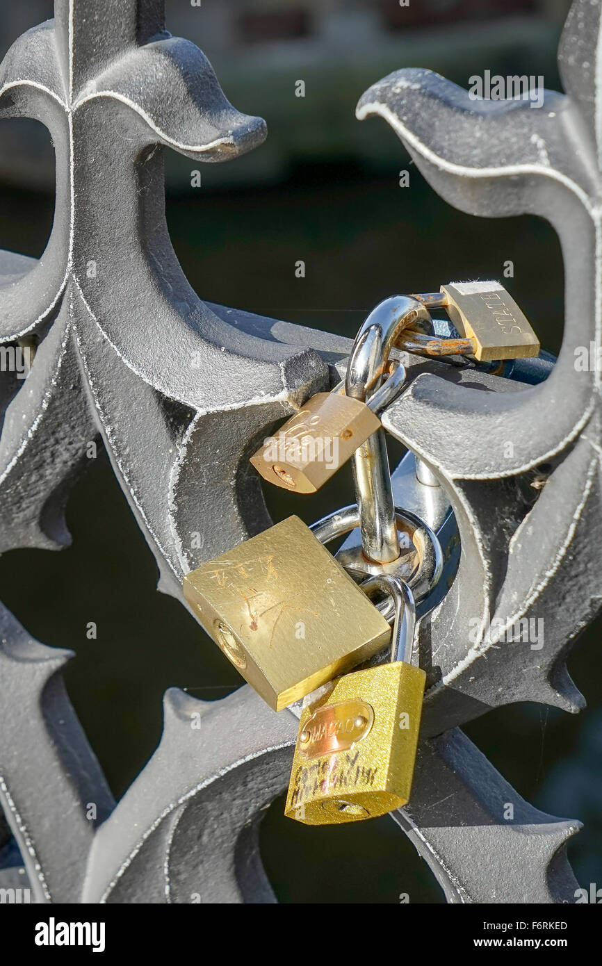 Padlocks on the railings of the Charles Bridge in Prague Stock Photo