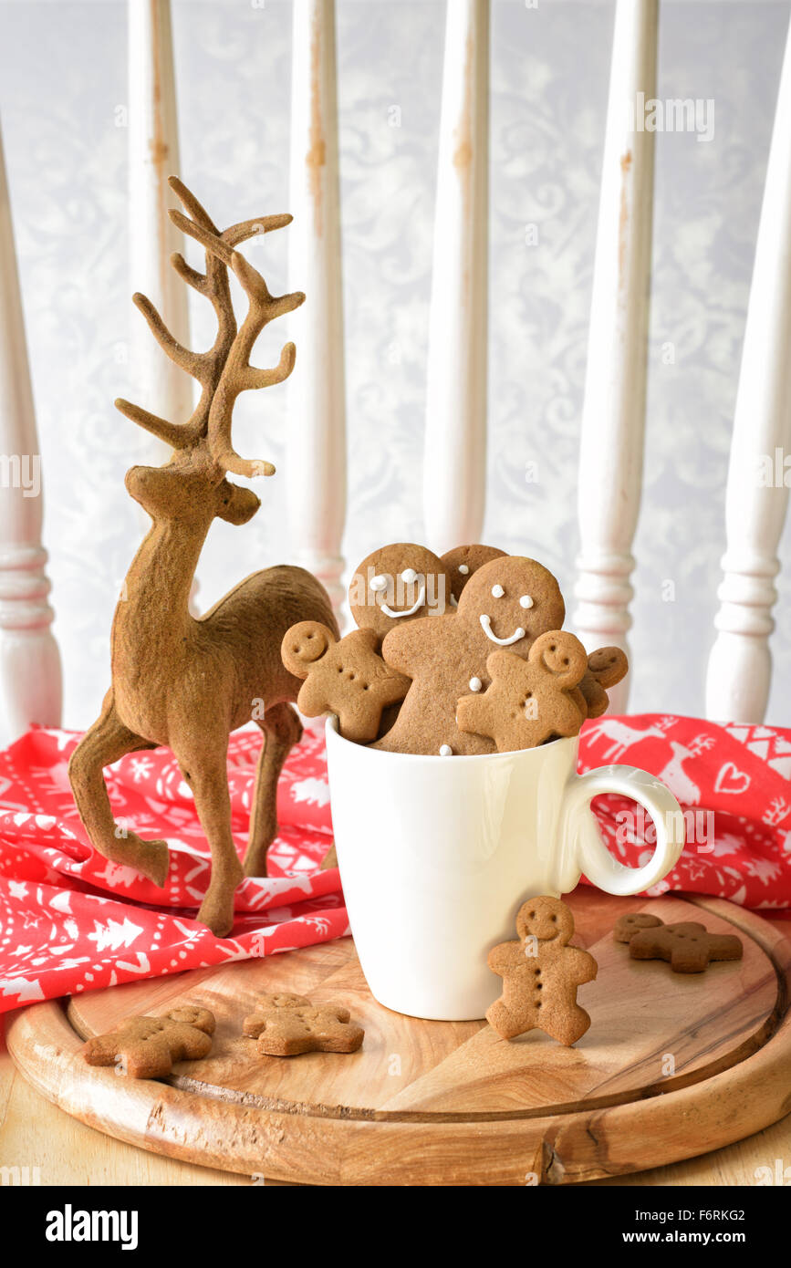 Gingerbread biscuits with reindeer ornament at Christmas Stock Photo