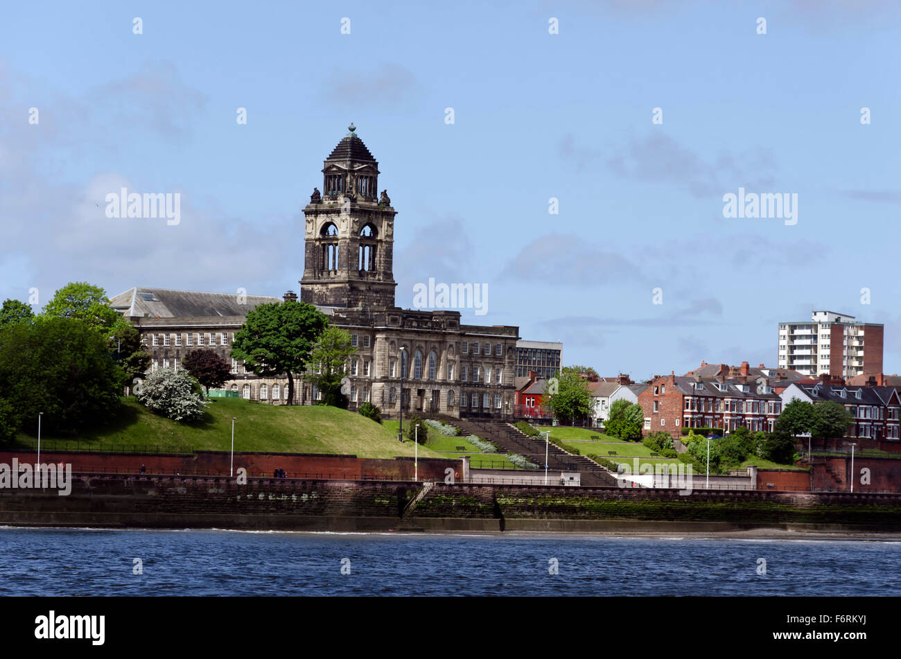 Wallasey Town Hall on the Wirral, near Liverpool, from the Mersey Ferry. Stock Photo