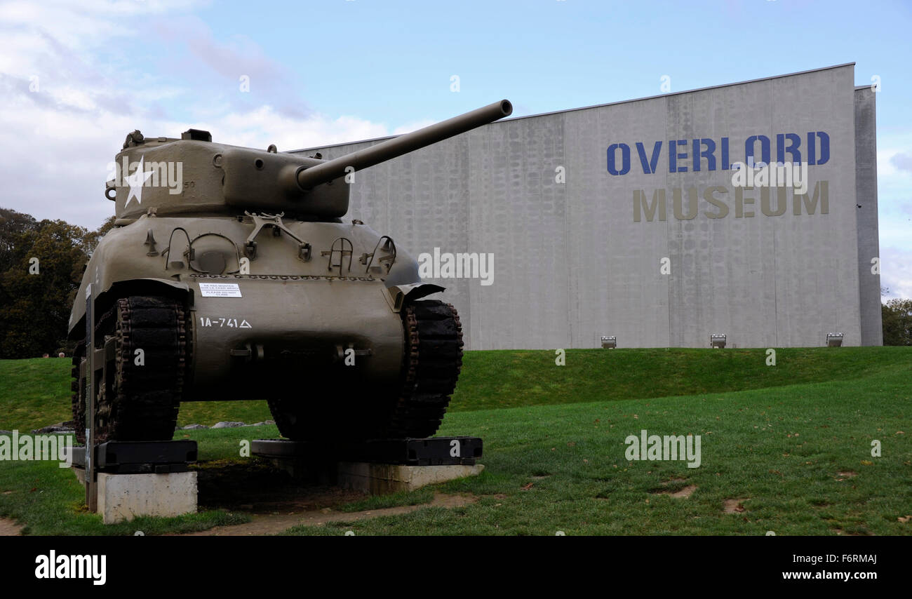 D Day,Sherman M4A1 Medium Tank,Overlord Museum,Omaha Beach,Colleville-sur-Mer,Normandy,Normandie,France,WWII Stock Photo