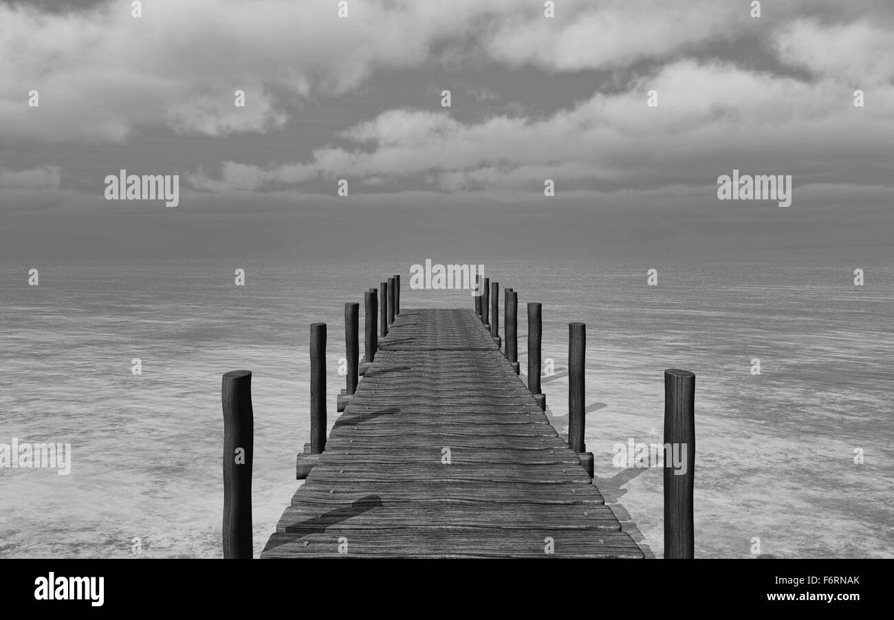 3D render of a black and white image of a jetty going into the sea Stock Photo