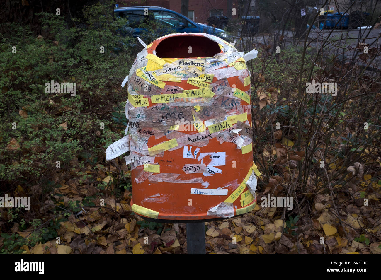 A litter bin decorated with names of volunteers working at the Landesamt für Gesundheit und Soziales (LaGeSo), the Berlin administration facility for health and social welfare, which deals with refugee registrations. The administration buildings and surrounding land became the main registration centre and first point of contact with the authorities for refugees arriving in Berlin from July 2015 onwards. Around 60 refugees arrived in the city in the first 10 months of 2015, out of an overall total of around 850,000 in the whole of Germany. Stock Photo
