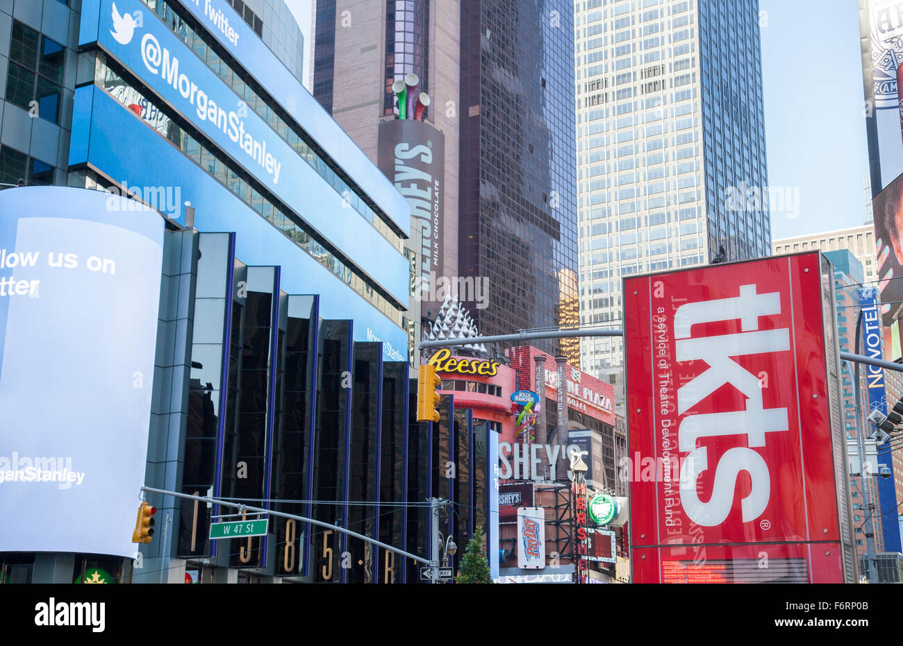 Manhattan New York City Times Square TKTS disount broadway show with billboards and advertising signs in busy city center Stock Photo