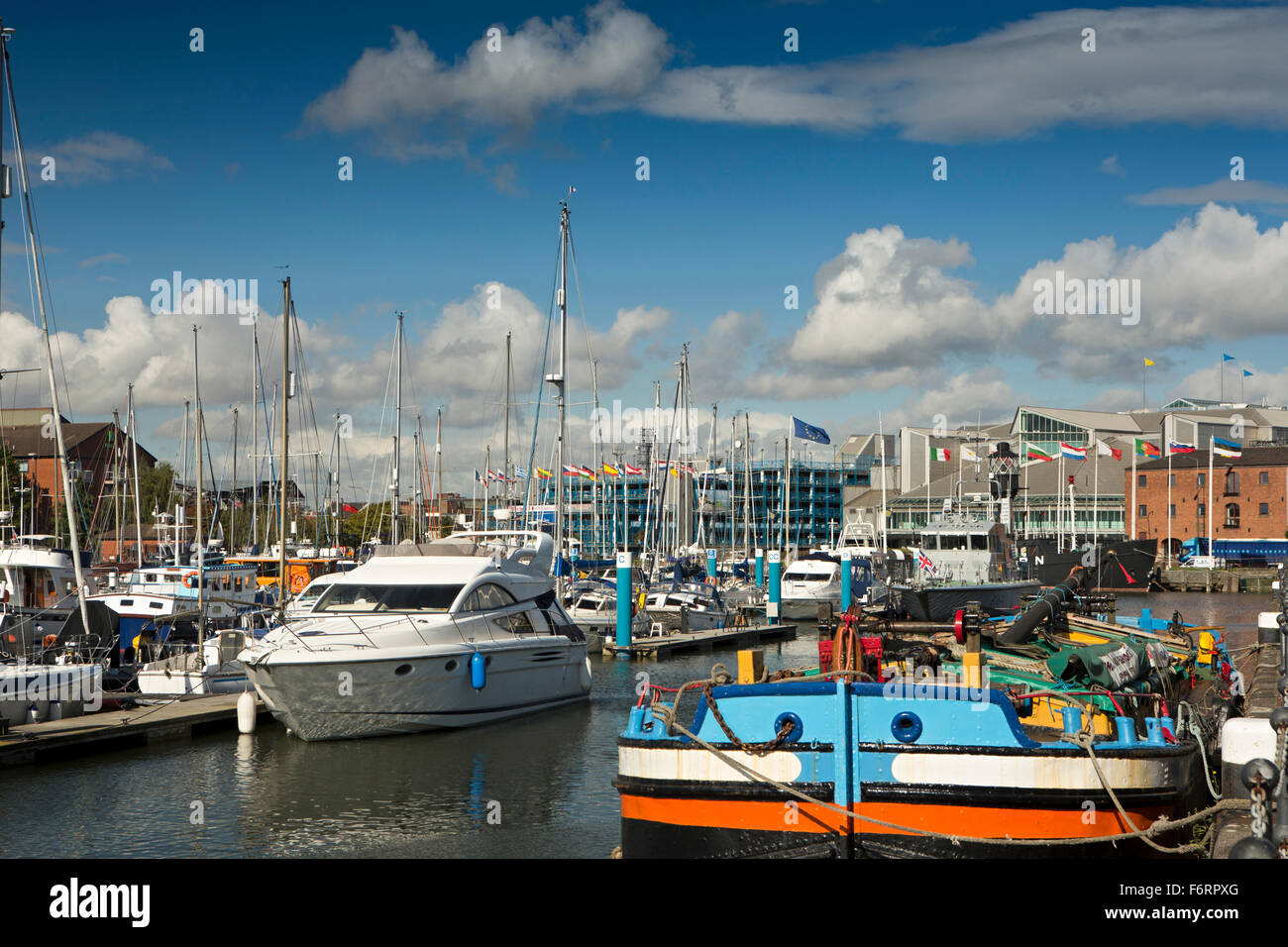 UK, England, Yorkshire, Hull, boats moored in the Marina from Princes Dock Road Stock Photo