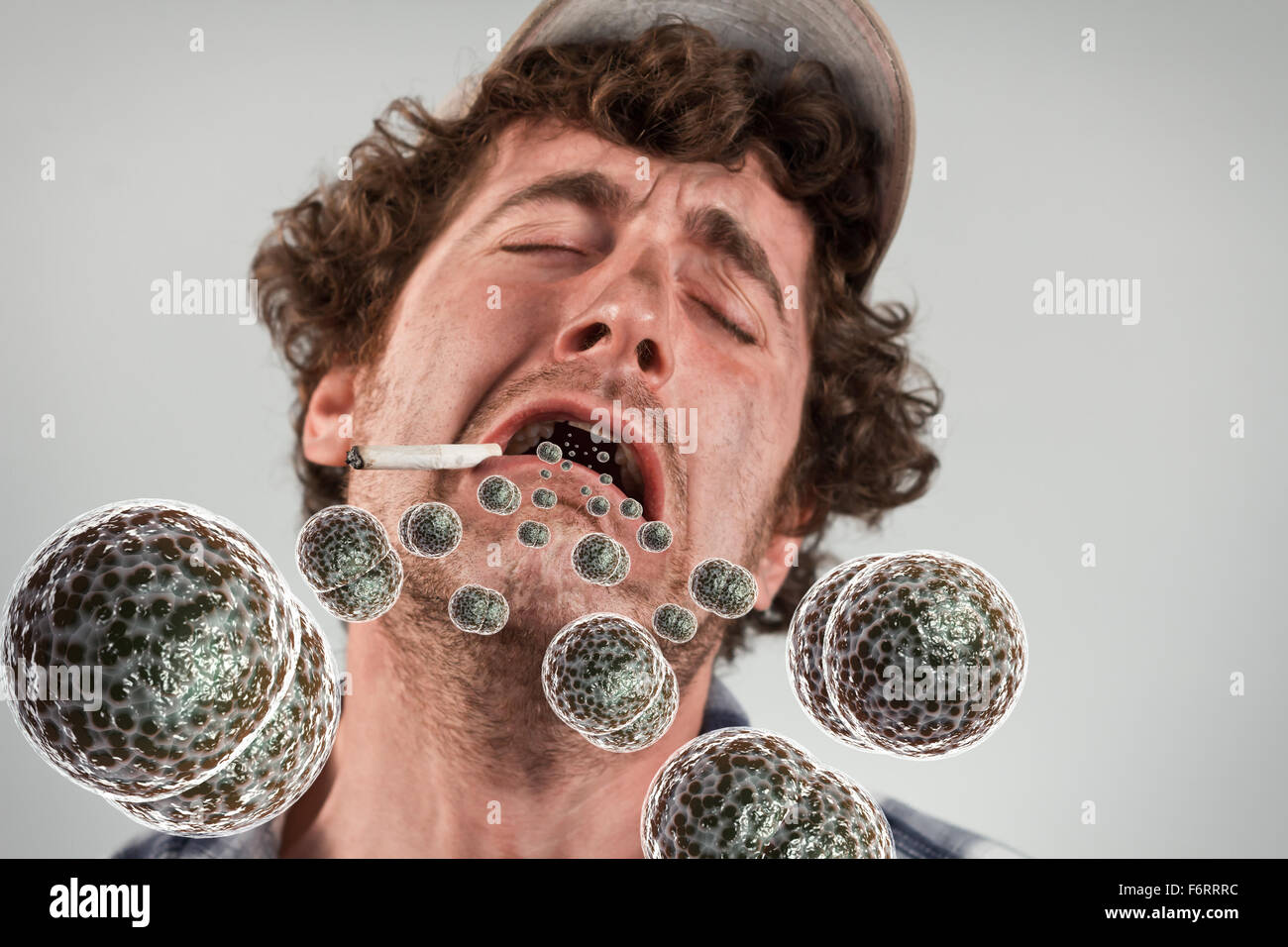 Bacteria virus sickness pouring out sick rednecks open mouth Stock