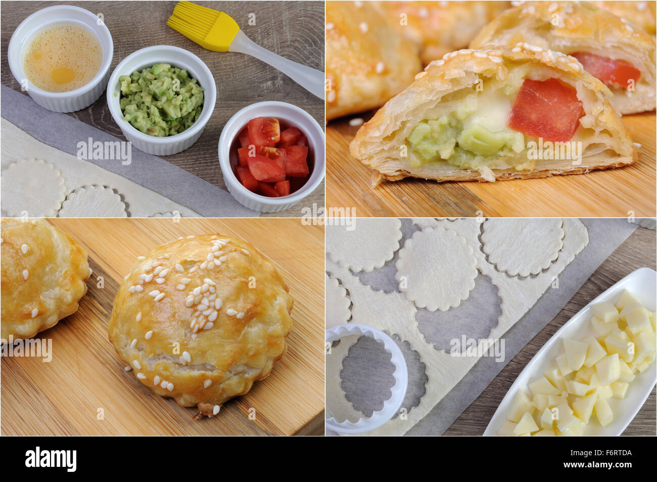 Fragments of cooking stuffed avocado rolls with cheese and tomato Stock Photo