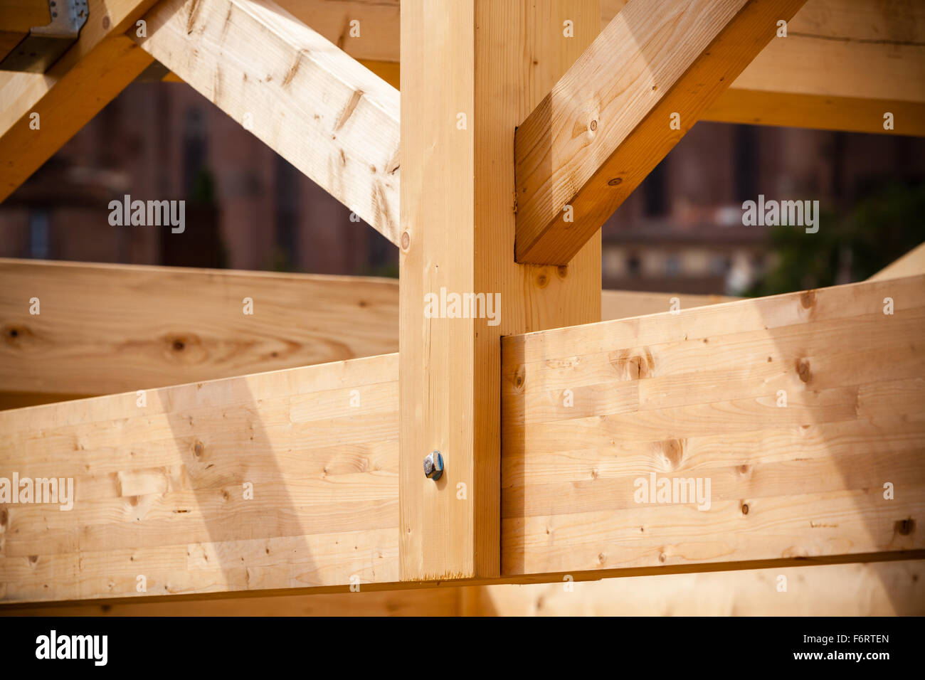 Construction of new wooden house. Beams frame close up Stock Photo