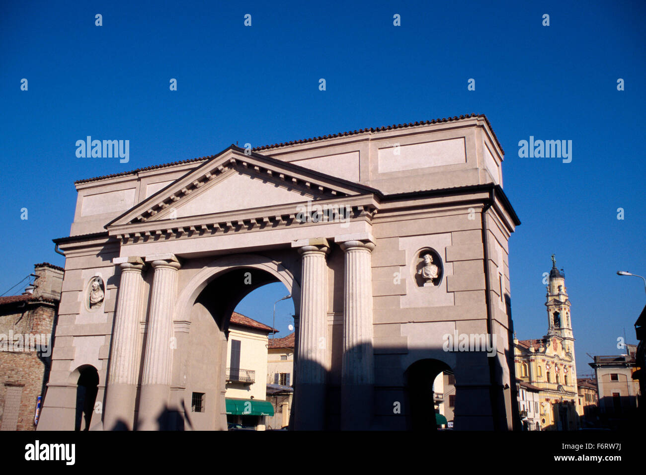 Italy, Lombardy, Crema, Porta Ombriano City Gate background Church of the Santissima Trinita Stock Photo