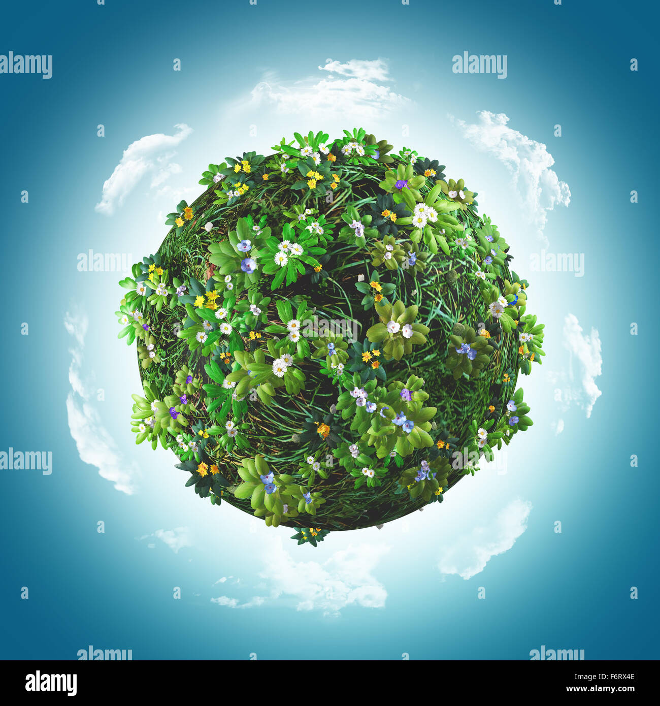3D render of a globe covered in grass and flowers Stock Photo - Alamy