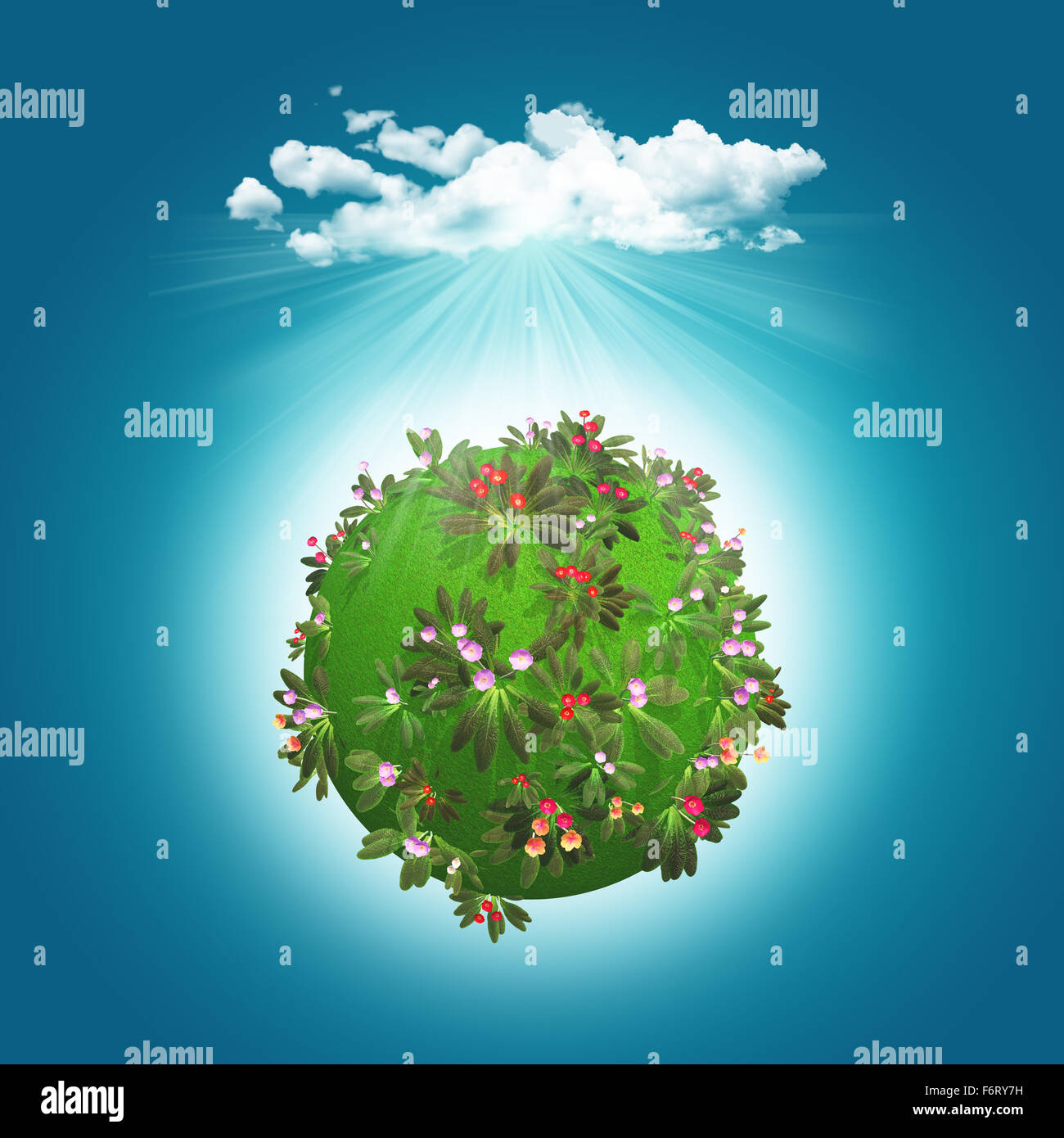3D render of a grassy globe with flowers and sun shining from behind a cloud Stock Photo