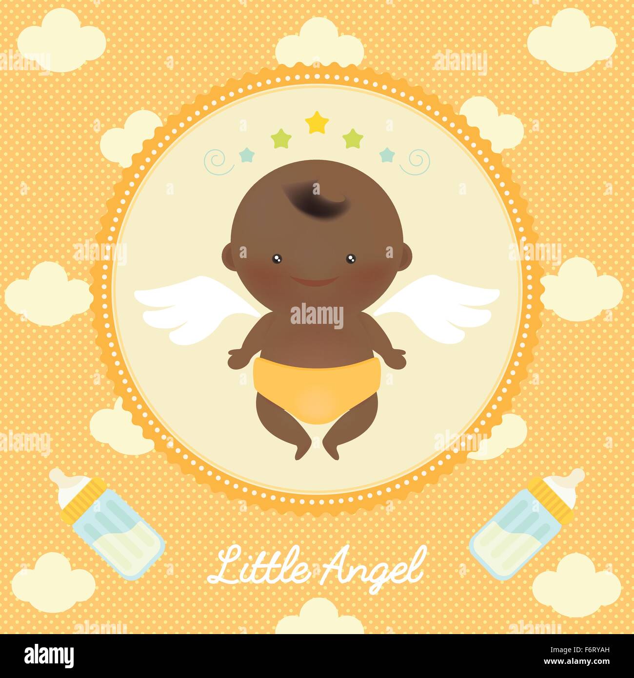 Vector illustration of cute angel African baby with wings on dots and clouds in the background. Stock Vector