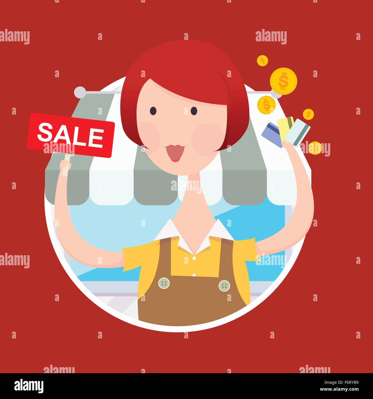 Vector illustration of woman working in front of shop with sale sign and credit card in hand Stock Vector