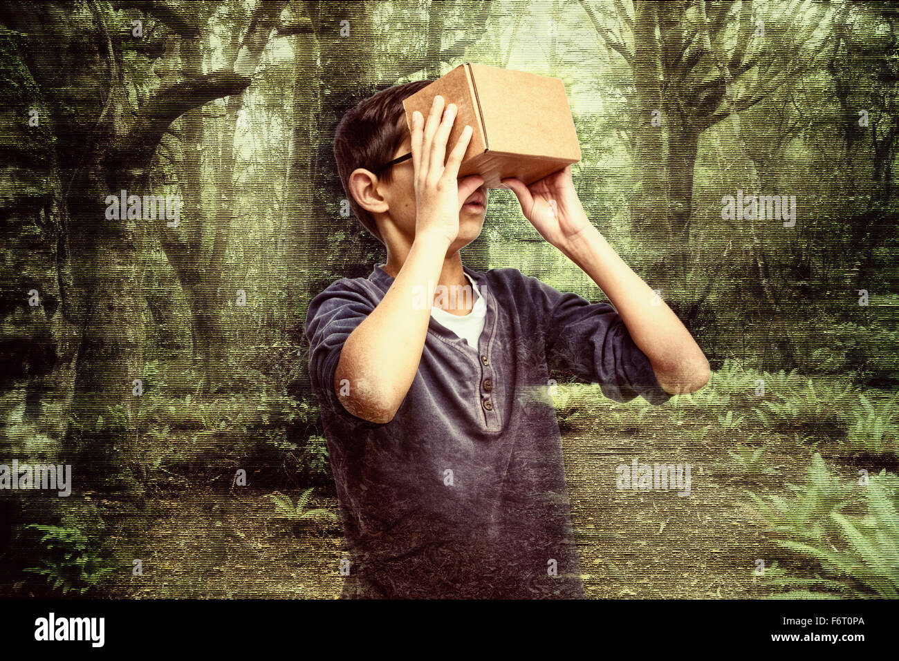 Mixed race boy peering in box in forest Stock Photo