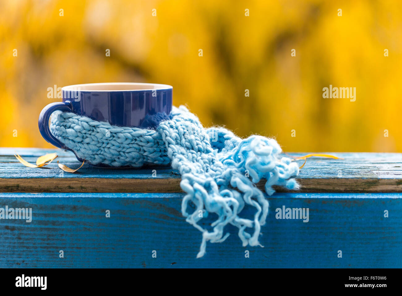 Cup of tea with knitted scarf Stock Photo Alamy