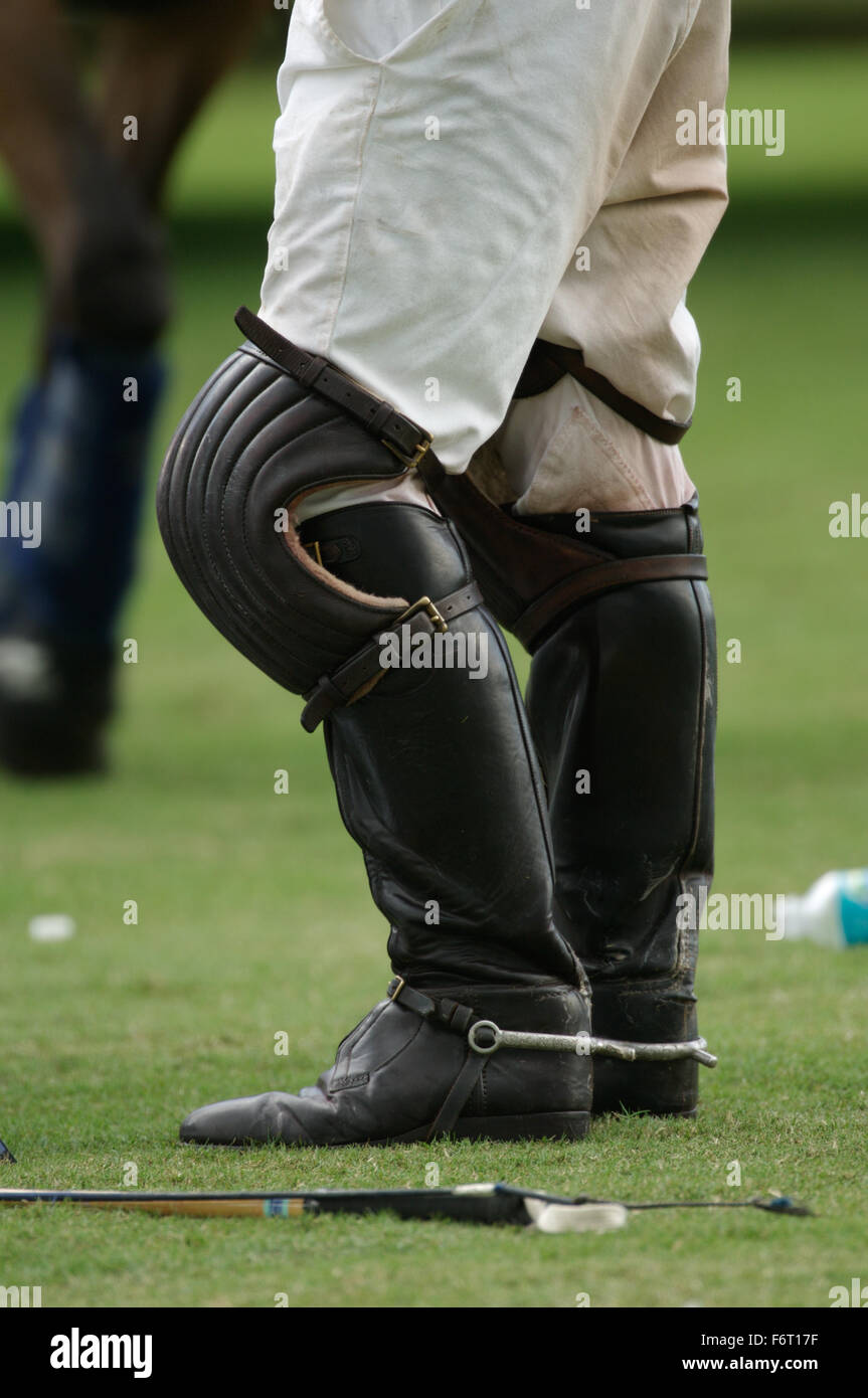 Joe Barry Memorial Cup, International Polo Club, Palm Beach Florida,  Players boots and knee protectors Stock Photo